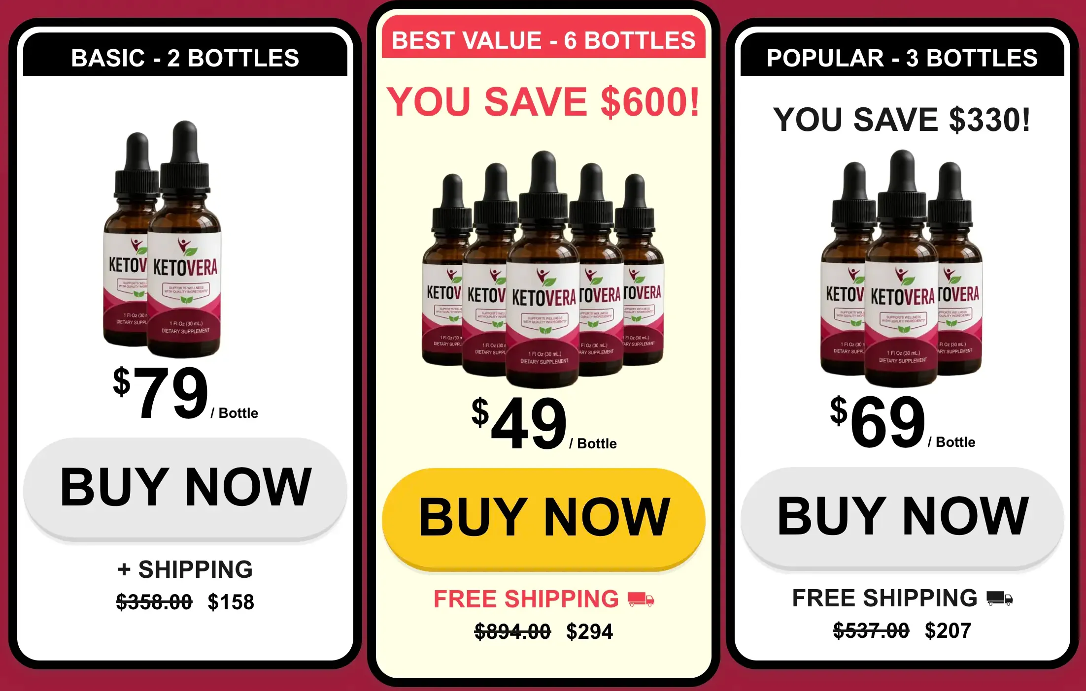 KetoVera weight loss drops pricing 3 and 6 bottle packages free shipping
